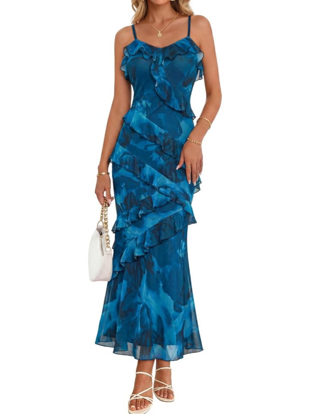 Women's Lake Blue Shoulder Sleeve V Neck High Waist Backless Wedding Dress